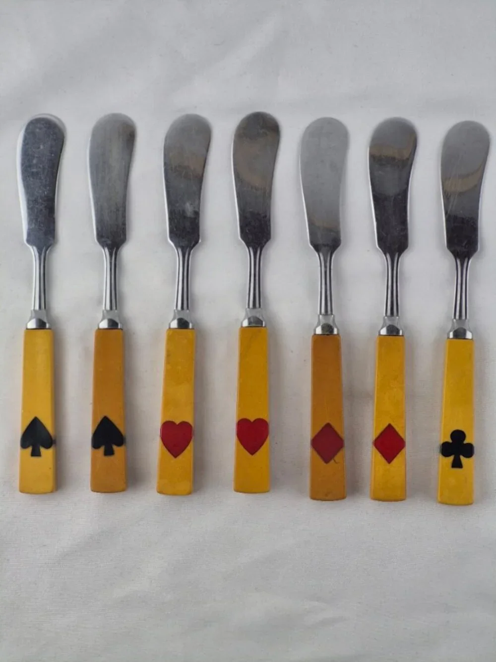 Art Deco Bakelite Flatware Inlaid Playing Card Suits 3 forks, 7 knives 7 spoons